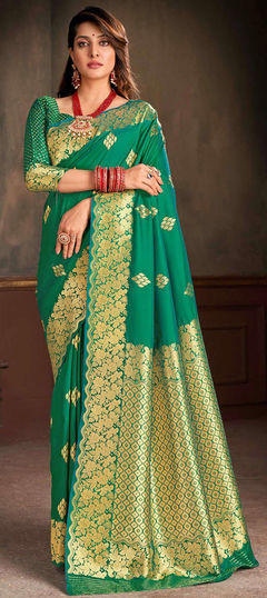 Green color Saree in Silk fabric with Weaving work