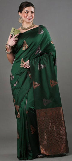 Green color Saree in Banarasi Silk, Silk fabric with Thread, Weaving, Zari work