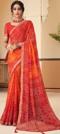 Festive, Reception Red and Maroon color Saree in Chiffon fabric with Classic, Rajasthani Bandhej, Lace, Printed work : 1898608