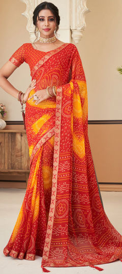 Festive, Reception Orange color Saree in Chiffon fabric with Classic, Rajasthani Bandhej, Lace, Printed work : 1898618