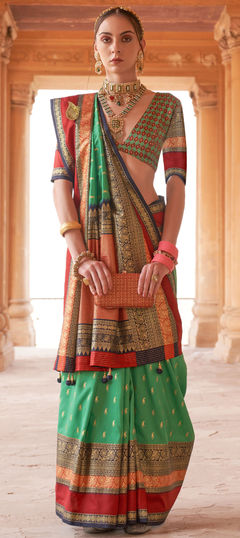 Green, Red and Maroon color Saree in Patola Silk fabric with Printed, Weaving, Zari work