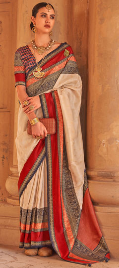 Beige and Brown color Saree in Patola Silk fabric with Printed, Weaving, Zari work