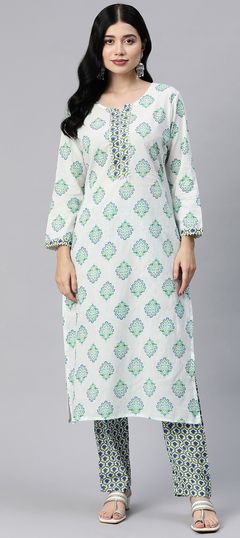 Festive, Summer Blue, White and Off White color Salwar Kameez in Cotton fabric with Straight Floral, Gota Patti, Printed work : 1898750