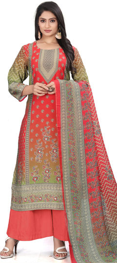 Multicolor color Salwar Kameez in Muslin fabric with Digital Print, Stone, Zari work