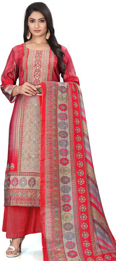 Red and Maroon color Salwar Kameez in Muslin fabric with Digital Print, Stone, Zari work