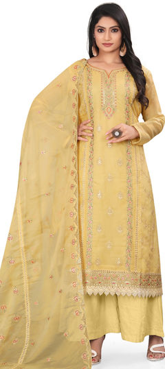 Yellow color Salwar Kameez in Organza Silk fabric with Embroidered, Lace, Resham, Sequence, Thread work