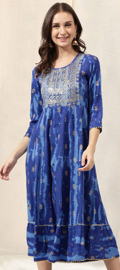 Blue color Kurti in Cotton fabric with Embroidered, Sequence, Thread, Zari work