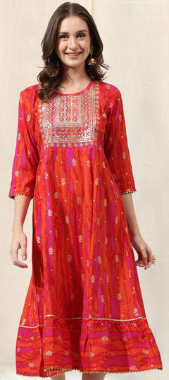 Orange, Pink and Majenta color Kurti in Cotton fabric with Embroidered, Sequence, Thread, Zari work