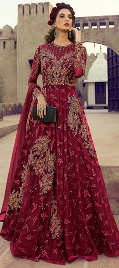 Red and Maroon color Salwar Kameez in Net fabric with Embroidered, Stone, Thread, Zari work