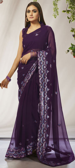 Festive, Party Wear, Reception Purple and Violet color Saree in Georgette fabric with Classic Embroidered, Sequence, Thread work : 1898890