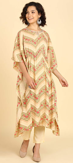 Beige and Brown color Salwar Kameez in Rayon fabric with Floral, Gota Patti, Printed work