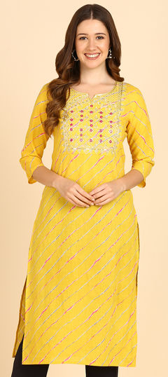 Festive, Party Wear Yellow color Kurti in Cotton fabric with Long Sleeve, Straight Bandhej, Embroidered, Printed, Sequence work : 1898905