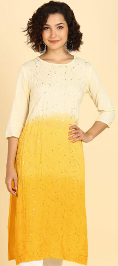 Festive, Party Wear Yellow color Kurti in Rayon fabric with Long Sleeve, Straight Printed, Tye n Dye work : 1898918