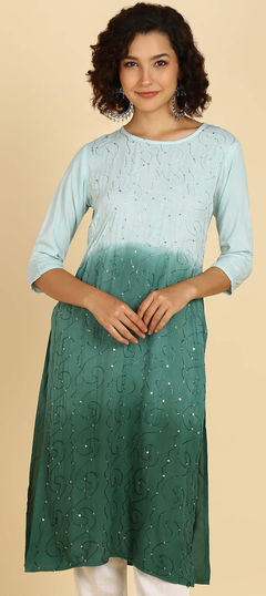 Festive, Party Wear Green color Kurti in Rayon fabric with Long Sleeve, Straight Printed, Tye n Dye work : 1898920