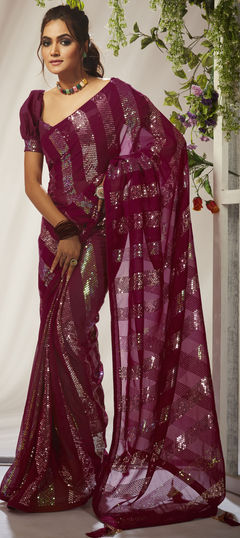 Red and Maroon color Saree in Georgette fabric with Sequence work