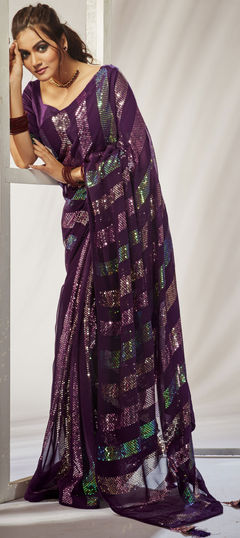 Purple and Violet color Saree in Georgette fabric with Sequence work