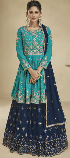 Blue color Long Lehenga Choli in Georgette fabric with Embroidered, Sequence, Thread, Zari work