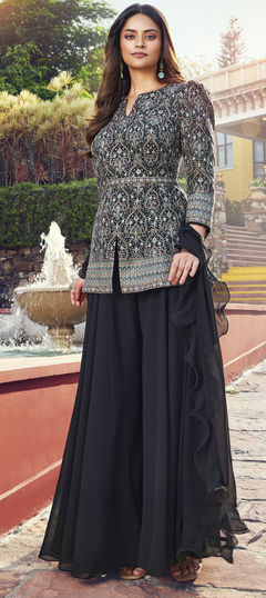 Mehendi Sangeet, Party Wear, Reception Black and Grey color Salwar Kameez in Georgette fabric with A Line, Palazzo Embroidered, Resham, Sequence, Thread work : 1899063