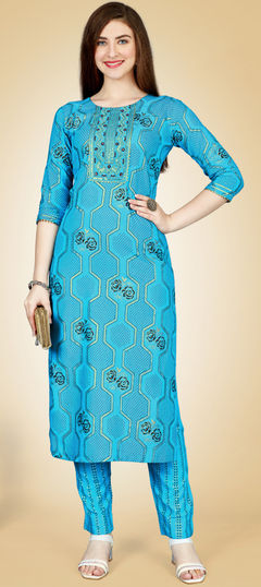 Blue color Salwar Kameez in Rayon fabric with Embroidered, Printed, Thread work