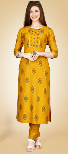 Yellow color Salwar Kameez in Rayon fabric with Embroidered, Printed, Thread work