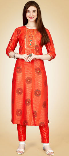 Red and Maroon color Salwar Kameez in Rayon fabric with Embroidered, Printed, Thread work