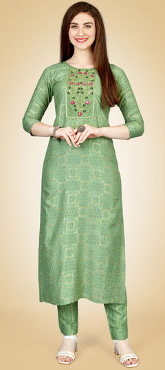 Green color Salwar Kameez in Rayon fabric with Embroidered, Printed, Thread work