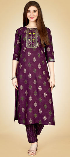 Purple and Violet color Salwar Kameez in Rayon fabric with Embroidered, Resham, Sequence, Zari work
