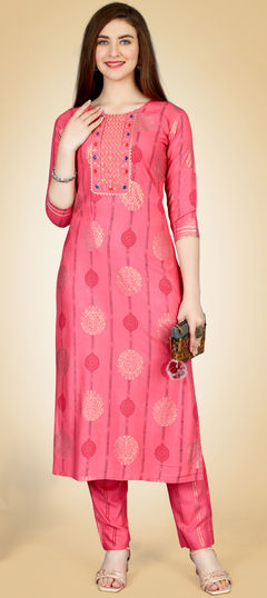 Pink and Majenta color Salwar Kameez in Rayon fabric with Embroidered, Resham, Sequence, Zari work