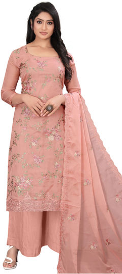 Pink and Majenta color Salwar Kameez in Organza Silk fabric with Resham, Thread, Zari work