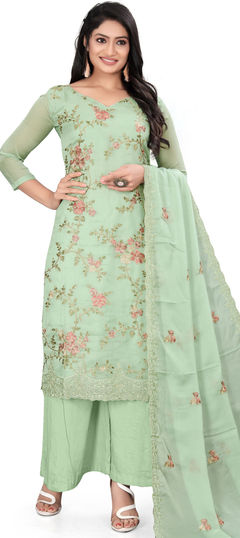 Green color Salwar Kameez in Organza Silk fabric with Resham, Thread, Zari work