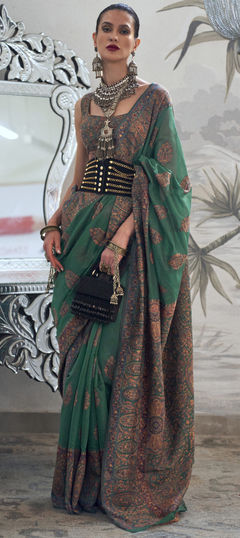 Reception Green color Saree in Silk fabric with South Printed work : 1899207