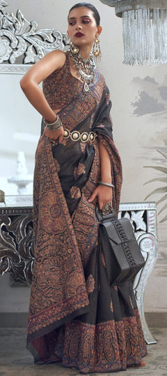 Black and Grey color Saree in Silk fabric with Printed work