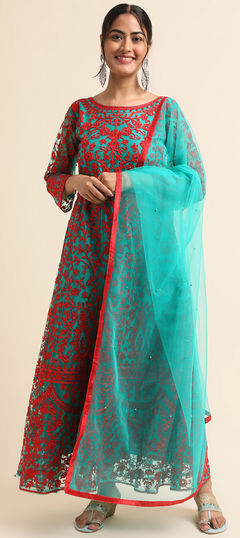 Green color Salwar Kameez in Net fabric with Moti, Resham, Stone, Thread work