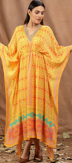 Yellow color Kaftan in Art Silk fabric with Embroidered, Mirror, Sequence, Thread work