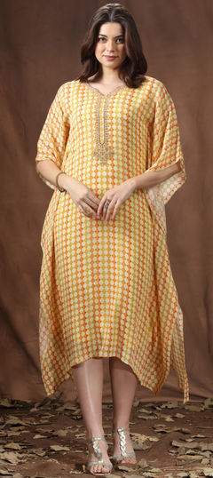 Yellow color Kaftan in Georgette fabric with Bugle Beads, Cut Dana, Printed, Sequence, Thread work