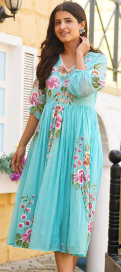 Festive Blue color Kurti in Art Silk fabric with Anarkali Digital Print, Floral work : 1899482