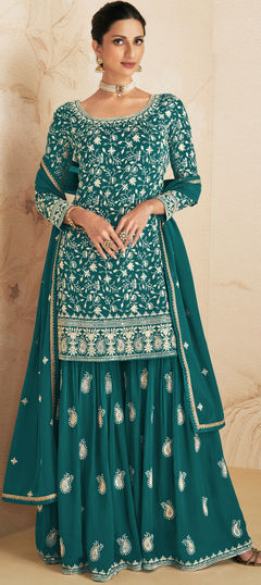 Blue color Salwar Kameez in Faux Georgette fabric with Embroidered, Thread, Zari work