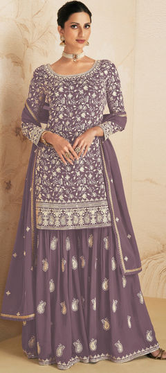 Purple and Violet color Salwar Kameez in Faux Georgette fabric with Embroidered, Thread, Zari work