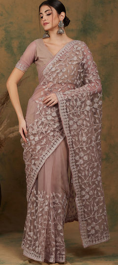 Beige and Brown color Saree in Net fabric with Embroidered, Resham, Stone, Thread work