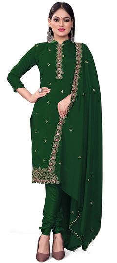 Green color Salwar Kameez in Silk fabric with Embroidered, Resham, Sequence, Thread work