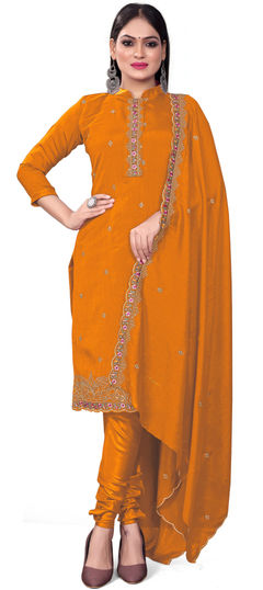 Yellow color Salwar Kameez in Silk fabric with Embroidered, Resham, Sequence, Thread work