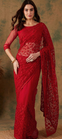 Red and Maroon color Saree in Net fabric with Embroidered, Resham, Stone, Thread work