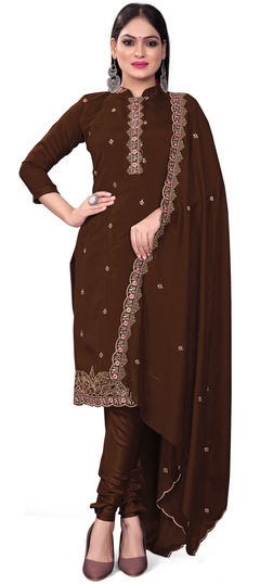 Beige and Brown color Salwar Kameez in Silk fabric with Embroidered, Resham, Sequence, Thread work