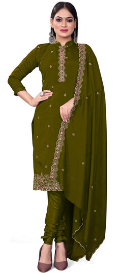 Green color Salwar Kameez in Silk fabric with Embroidered, Resham, Sequence, Thread work