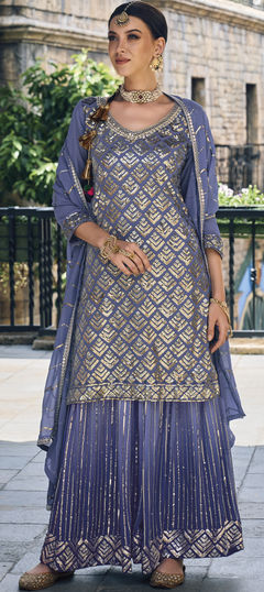 Black and Grey color Salwar Kameez in Faux Georgette fabric with Sequence, Thread work