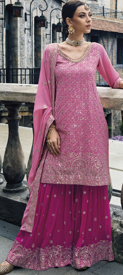 Pink and Majenta color Salwar Kameez in Faux Georgette fabric with Sequence, Thread work