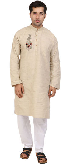 Beige and Brown color Kurta Pyjamas in Cotton fabric with Embroidered, Thread work