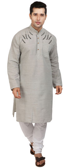 Black and Grey color Kurta Pyjamas in Cotton fabric with Embroidered, Thread work