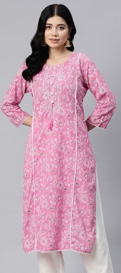 Pink and Majenta color Kurti in Cotton fabric with Embroidered, Printed, Resham, Thread work