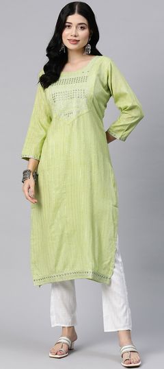 Green color Salwar Kameez in Cotton fabric with Embroidered, Resham, Thread, Zari work